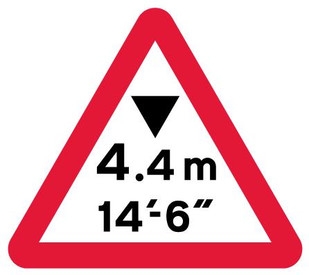 Triangular low bridge warning sign showing metric and imperial headroom