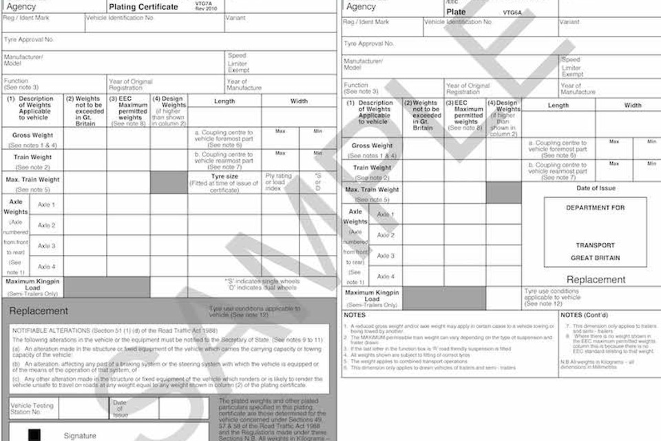Official example of an HGV plating certificate and ministry plate